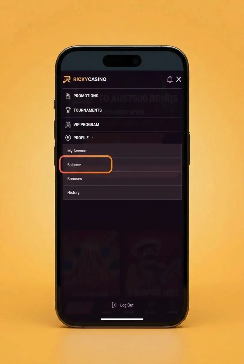Cashier withdrawal screen at Ricky Casino